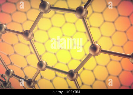 Il rendering di nanotecnologia arancione, esagonale forma geometrica di close-up, concetto grafene struttura atomica, molecolare Foto Stock