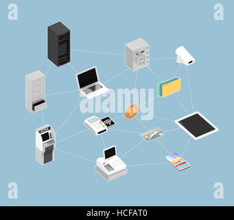 ATM, NFC, mobile per i dispositivi di pagamento etc, collegato dalla rete. Fintech concetto tecnologico. Il rendering 3D'immagine. Foto Stock