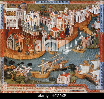 Miniatura del Libro delle meraviglie di Marco Polo - Vista di Venezia e della partenza di Marco Polo Foto Stock