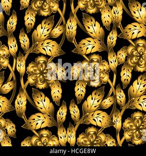 Vector seamless pattern con golden ornamento floreale. Pizzo ornamentale sullo sfondo. Decorazioni di carta da parati. Infinite texture. Lusso decorativo oro 3d rose Illustrazione Vettoriale