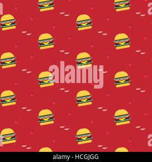 Modello senza giunture di deliziosi hamburger su sfondo rosso Illustrazione Vettoriale