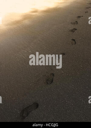 Footprints dopo lone camminare sulla spiaggia di sabbia nera dall'oceano - Maui, Hawaii Foto Stock