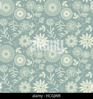 Elegante floral seamless pattern con fiori diversi su blu Illustrazione Vettoriale