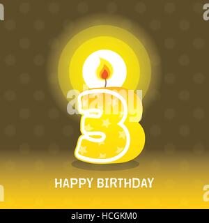 Biglietto di auguri di compleanno, terzo compleanno con candela , numero 3 Illustrazione Vettoriale