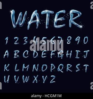 Acqua pura alfabeti e numeri isolati di raccolta su sfondo nero Illustrazione Vettoriale