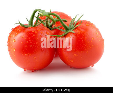 Pomodori con gocce d'acqua isolate su uno sfondo bianco. Foto Stock