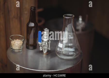Bicchiere di orzo, il pallone e bottiglia di birra sul mosto di birra per fare la birra Foto Stock