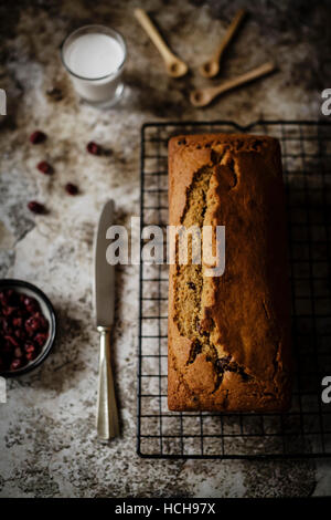 Soffice e umido butterless focaccia con farina di cocco di cocco, lo zucchero e il latte di cocco, arricchita con un sacco di dolce di mirtilli rossi secchi. Perfetto per una golosa Foto Stock