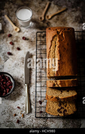 Soffice e umido butterless focaccia con farina di cocco di cocco, lo zucchero e il latte di cocco, arricchita con un sacco di dolce di mirtilli rossi secchi. Perfetto per una golosa Foto Stock