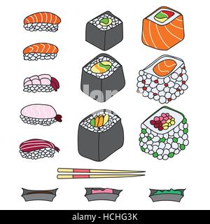 Set di diversi tipi di sushi isolati su sfondo bianco Illustrazione Vettoriale