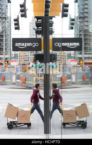 Seattle, Washington DC, Stati Uniti d'America. 8 dicembre, 2016. Amazon Go è aperta ai dipendenti in Amazzonia urbani del Campus. Attualmente nella sua versione Beta del programma, l'high tech convenience store sarà aperto al pubblico nei primi mesi del 2017. Credito: Paolo Gordon/Alamy Live News Foto Stock