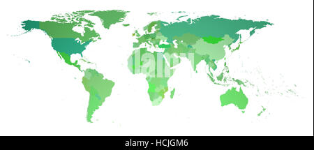 Green flat world map isolato su bianco il rendering 3D Foto Stock