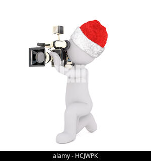 3d film maker riprese con una telecamera cinematografica inginocchiato come egli prende le inquadrature, reso illustrazione su bianco che indossa una festa di Natale hat Foto Stock