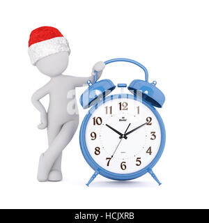 Festive 3d uomo in un cappello da Babbo Natale appoggiato su di un blu sveglia con campane che mostra il tempo, reso illustrazione su bianco Foto Stock