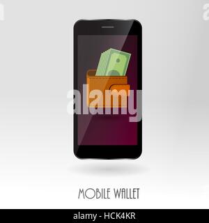 Portafoglio di denaro con i simboli in contanti sul cellulare gadget schermo come il pagamento on-line concept. Moderno bancario finanziario sicuro trasferimento di tecnologia. Comprare digitale Illustrazione Vettoriale