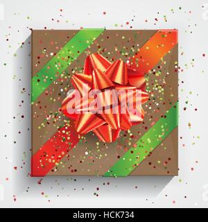 Confezione regalo avvolto su marrone carta stropicciata con fiocco rosso Illustrazione Vettoriale