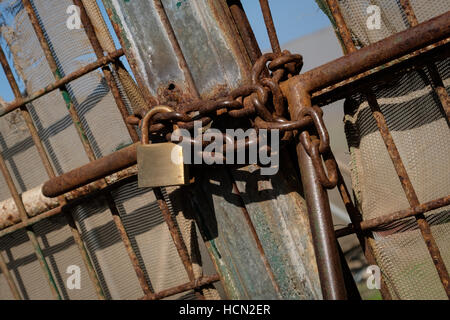 Porta di metallo bloccato con catena e lucchetto Foto Stock