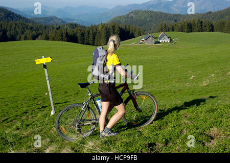 Donna bionda con una mountainbike a piedi su un prato, vista del Ebenforstalm pascolo alpino, Kalkalpen Parco Nazionale Foto Stock