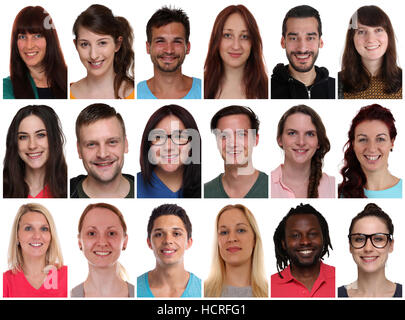 Il gruppo di raccolta di ritratti di giovani e multirazziale popolo sorridente isolato su uno sfondo bianco Foto Stock