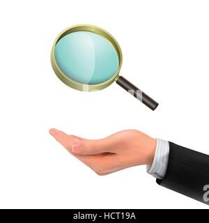 3d mano che tiene la lente di ingrandimento su sfondo bianco Illustrazione Vettoriale