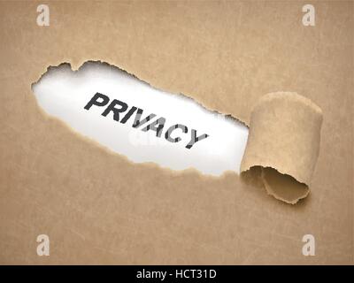 La parola privacy dietro marrone carta strappata Illustrazione Vettoriale
