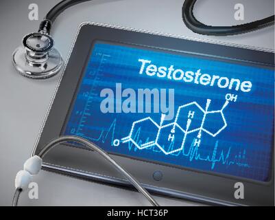 Il testosterone parola visualizzata sul tablet con uno stetoscopio sopra il tavolo Illustrazione Vettoriale