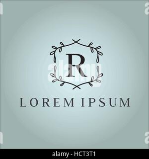 R vettore lettera logo design modello. Monogramma di lusso per hotel, ristorante, negozio boutique, negozio di moda o etichetta alla moda Illustrazione Vettoriale