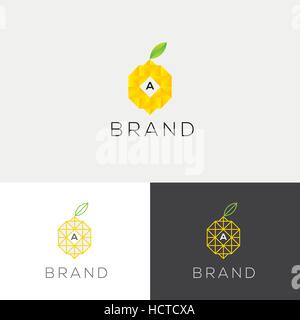 Vettore arancione logo. Emblema di limone. Succo di agrumi elemento di design. Lettera a frutto l identità del marchio Illustrazione Vettoriale