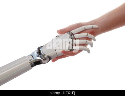 Umani e robot di handshake di intelligenza artificiale il concetto di partenariato 3d illustrazione isolati su sfondo bianco Foto Stock