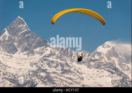 Un parapendio intaglia una volta con vedute di Machapuchare (coda di pesce della montagna) nella distanza, Nepal Foto Stock