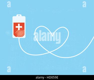 Una donazione di sangue in borsa con il tubo sagomato come un cuore. Illustrazione Vettoriale