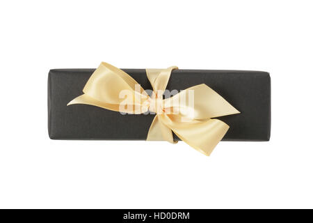 Carta nera rettangolo giftbox con champagne ribbon bow isolato Foto Stock