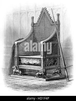 Un'incisione della Coronation Chair nell'Abbazia di Westminster scansionata ad alta risoluzione da un libro stampato nel 1859. Ritenuto privo di copyright. Foto Stock