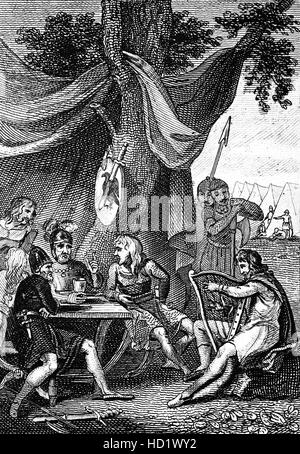 Alfredo il Grande (849 - 899 D.C. ) era il re del Wessex da 871 a 899. Appena prima della battaglia di Ashdown che ha avuto luogo in Berkshire su 8 Gennaio 871, Alfred poi un principe di solo 21, travestito da un menestrello ed è entrato il Viking camp. Egli poi ha portato l'esercito di suo fratello, re Ethelred del Wessex in una vittoriosa battaglia contro gli invasori danesi (Vichinghi). Foto Stock