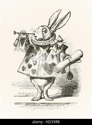 Il coniglio bianco con tromba e scorrere annunciando l'accusa, illustrazione di Sir John Tenniel (1820-1914) da Alice nel paese delle meraviglie" da Lewis Carroll pubblicato per la prima volta nel 1865. Foto Stock