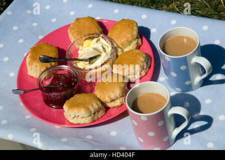 Un informale tè alla crema con scones, crema, marmellata e 2 tazze di tè su un blu pallido vassoio Foto Stock