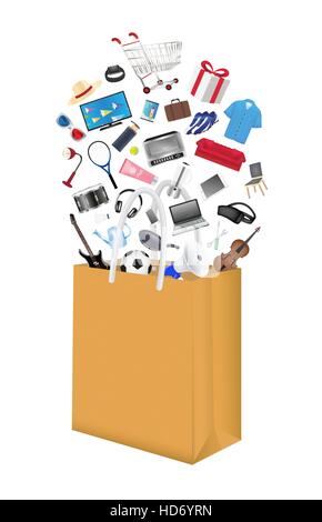 Shopping generale oggetto galleggiante su carta marrone borsa Illustrazione Vettoriale