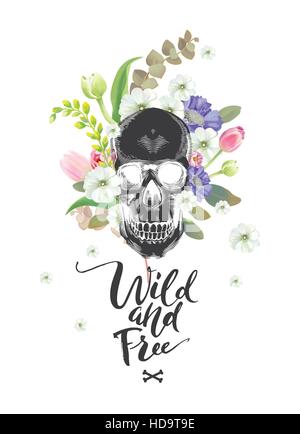Cartoon sorridente cranio e fiori. Il giorno dei morti. Nero moda illustrazione. Potrebbe essere utilizzato per T-shirt stampa, carte, banner. Wild e privo di scritte. Vettore. Illustrazione Vettoriale