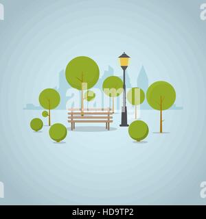 Il parco in legno banco in città grande parco con alberi e cespugli, città dello skyline di grattacieli sullo sfondo. Strada parco classica lampada vicino banco e cerchiato shad Illustrazione Vettoriale