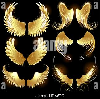 Dipinto di arti, gold angel wings su uno sfondo nero. Illustrazione Vettoriale