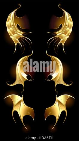 Artisticamente dipinte, Golden Dragon ali su uno sfondo nero. Illustrazione Vettoriale