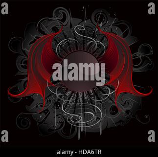 Gotica banner rotondo con artistiche dipinte di rosso dragon ali su uno sfondo nero. Illustrazione Vettoriale