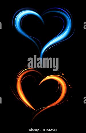 I cuori disegnati con il rosso e il blu il fuoco contro uno sfondo scuro. Illustrazione Vettoriale