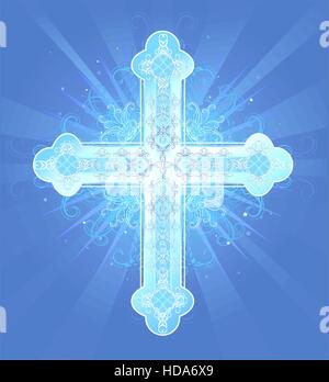 Brillante decorata in un pattern, cristiano a croce latina su uno sfondo blu radiante. Illustrazione Vettoriale