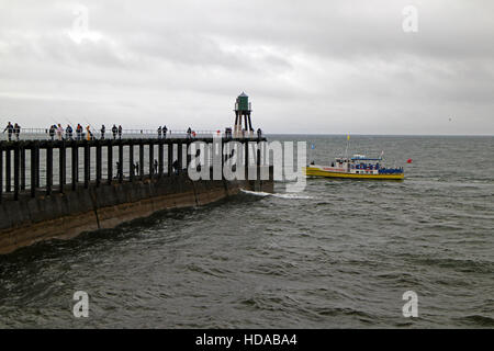 Whitby harbour parete e la barca turistica Foto Stock