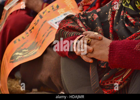 Srinagar Kashmir. 10 dicembre, 2016. Una relativa di una scomparsa della gioventù del Kashmir partecipa durante il sit-in di protesta in occasione della Giornata Internazionale dei Diritti Umani a Srinagar, Indiano Kashmir amministrato. Il APDP dice che più di 8 mila persone sono scomparse, la maggior parte di loro dopo essere stato arrestato dalle forze di sicurezza indiane in la tormentata regione del Kashmir poiché una ribellione separatista contro la regola indiano scoppiata alla fine del 1989. Credito: Saqib Majeed/Alamy Live News Foto Stock