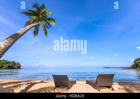 Paradise spiaggia tropicale con un bellissimo albero di palma e due sedie a sdraio sulla sabbia, una vacanza rilassante Foto Stock