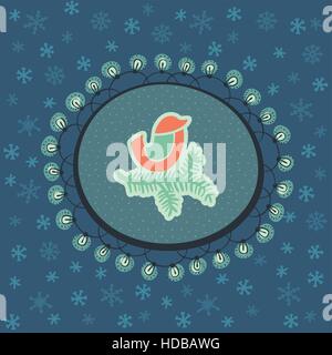 Natale e Anno Nuovo vintage ornato cornice con un piccolo uccello seduto su abete del ramo simbolo. Doodle illustrazione della scheda Messaggi di saluto. Disegnata a mano backgrou Illustrazione Vettoriale
