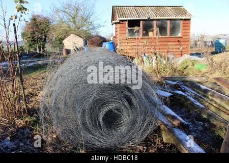 Inverno riparto rotolo di filo di pollo capannone mesh netting memorizzata la preparazione per la primavera primavera legno giardinaggio frost Foto Stock