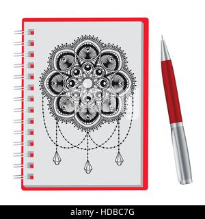 Aperto il blocco note con mano-disegnare mandala e penna isolati su sfondo bianco, Taccuino, lista Da fare, libro da colorare o diario mockup. Illustrazione Vettoriale Illustrazione Vettoriale